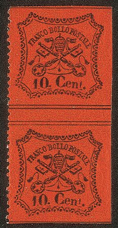 Antichi Stati Italiani - Stato pontificio - 1868 - Coppia verticale del 10 cent (26ga cat.900)