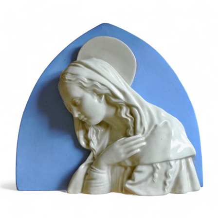 Madonna Annunciata in ceramica bianco azzurra, manifattura Salvini