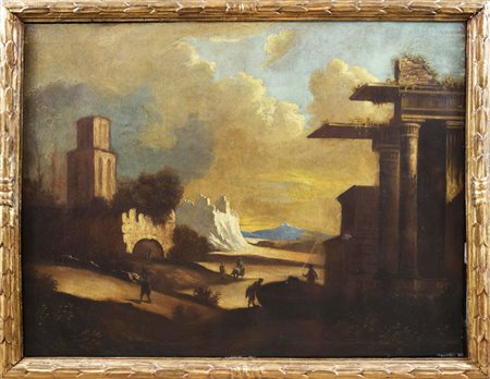 Autore del XVIII sec. Paesaggio con rovine e figure Olio su tela 102x121 cm...