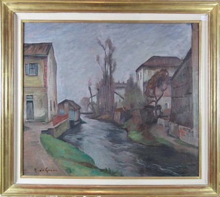 Raffaele De Grada (Milano 1885 - 1957) Case sulla roggia Olio su tela 65x75...