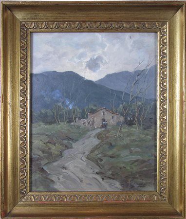 Leon Giuseppe Buono (Pozzuoli 1887-1975) Paesaggio montano con figure Olio su...