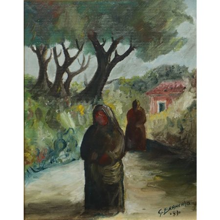 Giuseppe  Brancato (Messina  1945)  - Donne in strada di campagna, 1979