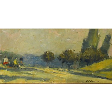 Nicola  Sponza (Corfù 1914-Trieste 1994)  - Paesaggio con alberi e pittori, 1962