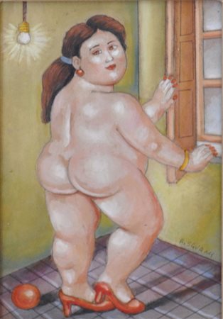 ROBERTO SGUANCI Omaggio a Botero – Nudino alla finestra Olio su cartone cm....