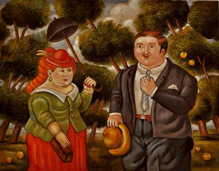 ROBERTO SGUANCI Omaggio a Botero – La coppia in giardino Olio su cartone cm....