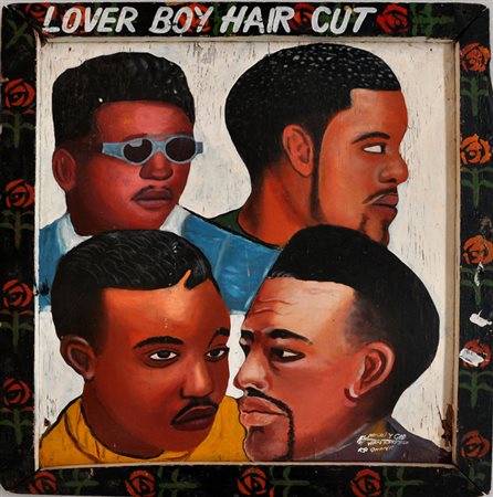 ALMIGHTY GOD Lover boy hair cut Olio su tavola in cornice dipinta cm. 70x64...