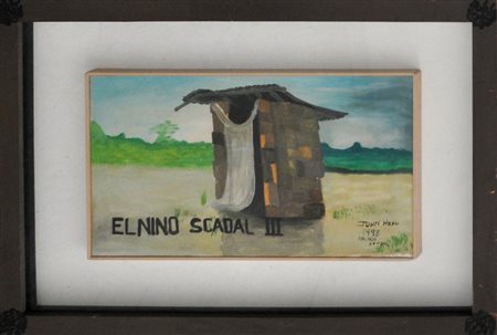 JOHN NZAU El nino Scadal III, 1998 Olio su tela con cornice dipinta cm. 30x50...