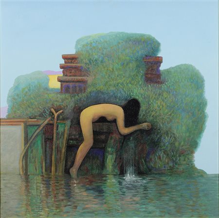 Picking John Water's Edge, 1993 olio su tela grezza, cm. 70x70 firmato,...