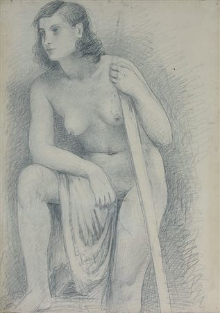 Funi Achille Nudo sostenuto dal bastone disegno a matita su carta applicata...