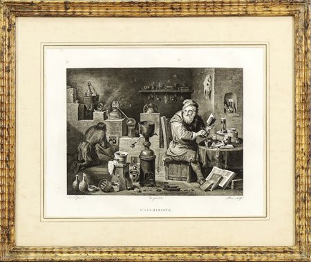 L'ALCHIMISTA - THE ALCHEMIST incisione - engraving, in cornice cm 23x31