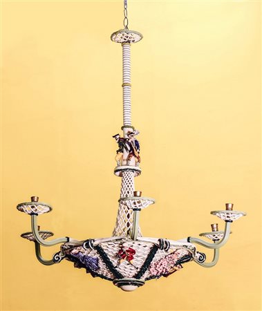 LAMPADARIO IN CERAMICA POLICROMA - PAINTED CERAMIC CHANDELIER Bassano, Anni...