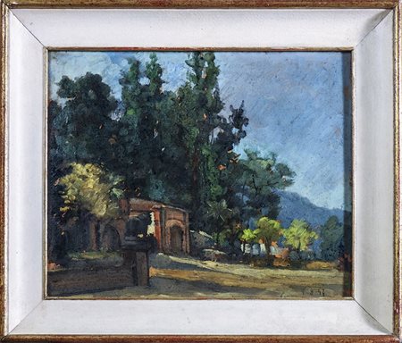 VITTORIO BUORA (1910-1966) Lucca sulle mura - Lucca View olio su tavoletta -...