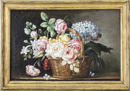 CESTO CON FIORI - FLOWERS IN A BASKET olio su tela - oil on canvas, in...