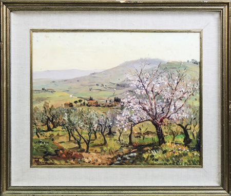 MARIO TAMBURINI Mandorlo fiorito 1970 - Landscape olio su tavoletta - oil on...