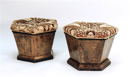 COPPIA DI POUF ESAGONALI IN RADICA DI NOCE - PAIR OF HEXAGONAL BURR WALNUT...