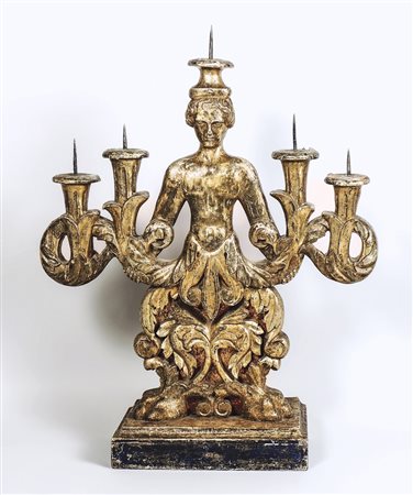 GRANDE CANDELABRO IN LEGNO INTAGLIATO E DORATO A MECCA - GILTWOOD CANDELABRUM...