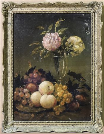 NATURA MORTA CON FIORI E FRUTTI - STILL LIFE WITH FLOWERS AND FRUITS olio su...