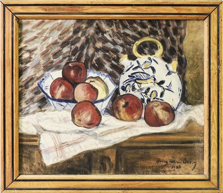 NATURA MORTA CON MELE E TEIERA - STILL LIFE WITH APPLES AND TEAPOT olio su...