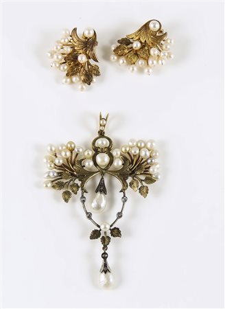 DEMI-PARURE IN ORO GIALLO, DIAMANTI E PERLE - GOLD, DIAMOND AND PEARL...