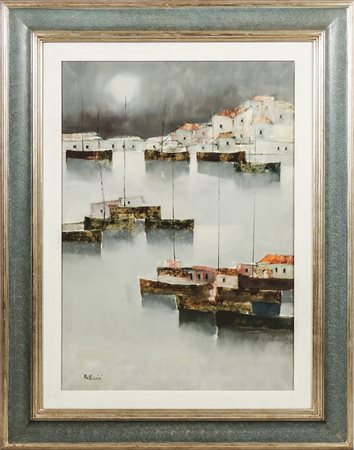 LIDO BETTARINI Marina con barche - Seascape with Boats olio su tela - oil on...