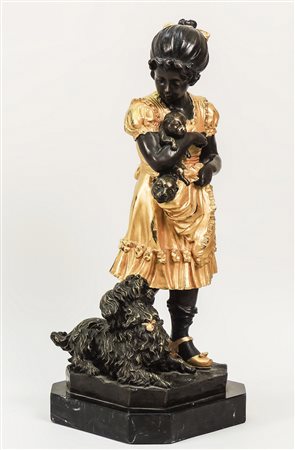 BAMBINA CON CAGNOLINI - YOUNG GIRL WITH DOGS scultura in bronzo in parte...