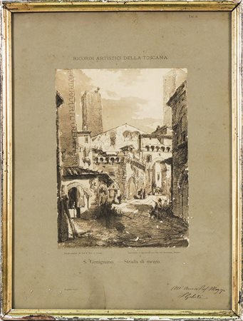 EMILIO BURCI (?- 1879) San Gimignano stampa - print, in cornice, reca dedica...