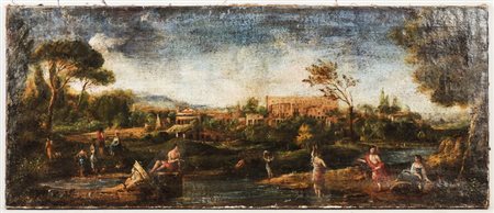 PAESAGGIO FLUVIALE CON BAGNANTI - RIVER LANDSCAPE WITH BATHERS olio su tela -...