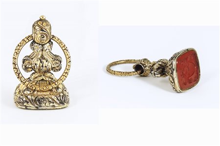 SIGILLO IN ORO GIALLO A BASSO TITOLO E CORNIOLA - A GOLD AND CARNELIAN SEAL...