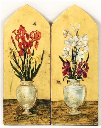 VASI DI FIORI E API - FLOWER VASES AND BEES 1905 coppia di dipinti ad olio su...