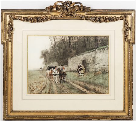 CHARLES EDOUARD DELORT (1841-1895) Paesaggio campestre con figura e carrozza...