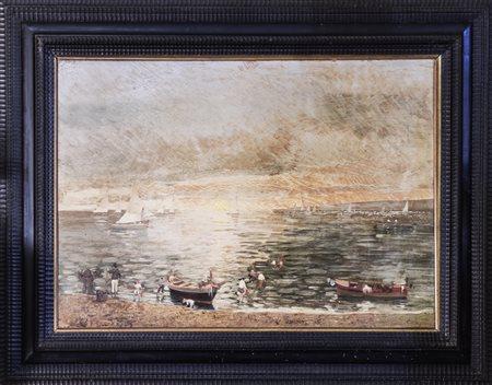 PAESAGGIO MARINO CON BARCHE A VELA E PESCATORI - SEASCAPE WITH SAILING SHIPS...