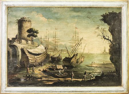 PAESAGGIO CON VEDUTA DI PORTO CON BARCHE E FIGURE - PORT VIEW WITH BOATS AND...