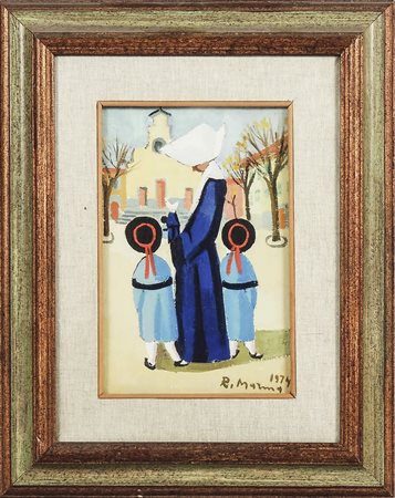 RODOLFO MARMA (1923-1999) Monachina - Nun and Children olio su cartone telato...