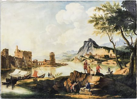 PAESAGGIO FLUVIALE CON PERSONAGGI - RIVER LANDSCAPE WITH FIGURES olio su tela...