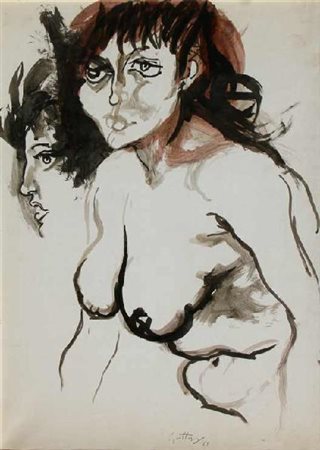 Renato GUTTUSO Bagheria 1912 - Roma 1987 Nudo e profilo, 1962 China su carta...