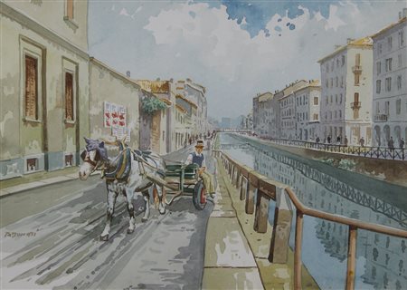 Donati Bisio Carretto sul Naviglio acquerello su carta, cm. 35x49 firmato in...