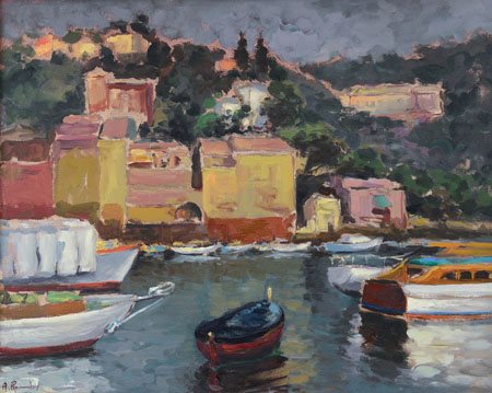 ROMBY ANGELO Carloforte (CA) 1934Portofinoolio su tela cm. 40x50, firma in...