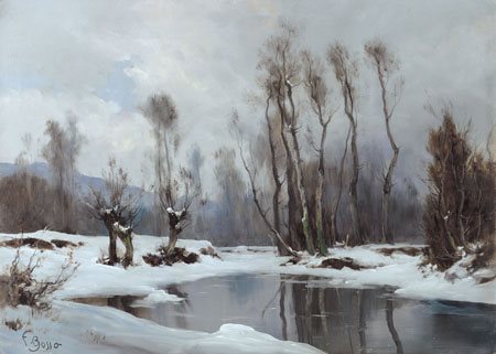 BOSSO FRANCESCO Vercelli 1864 - Torino 1933Paesaggio innevatoolio su cartone...