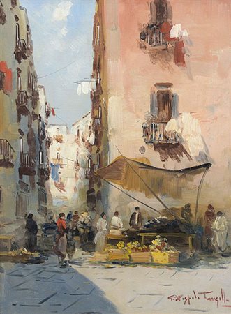 RISPOLI GIUSEPPE Napoli 1882 - Napoli 1960Mercatinoolio su tela cm. 41x30,5;...