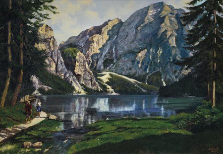 PITTORE DEL XX SECOLO Dolomiti, Lago di Braies, 1964olio su tela cm. 70x100,...