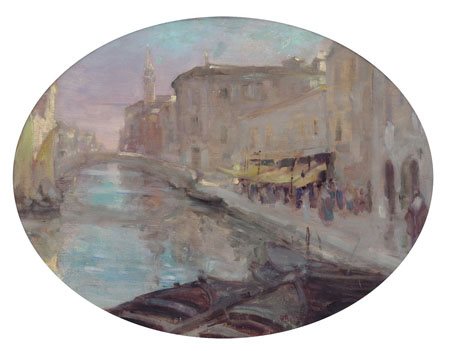 BOZZATO ATTILIO ACHILLE 1886 - 1954Veneziaolio su tavola ovale cm. 43,5x69,...