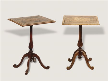 COPPIA DI TAVOLINI IMPIALLACCIATI IN NOCE E RADICA DI NOCE - PAIR OF WALNUT...