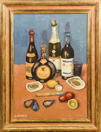 GIOVANNI MARCH (1894-1974) Natura morta con frutti di mare e bottiglie -...