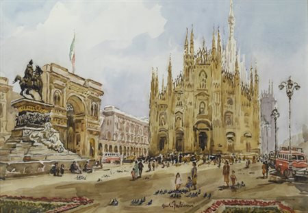 Giulio Falzoni (Marmirolo, 1900 - 1978) PIAZZA DUOMO A MILANO Acquarello su...