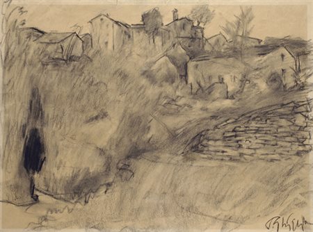 Paulo Ghiglia (Firenze, 1905 - Roma, 1979) PAESAGGIO CON CASE Carboncino su...