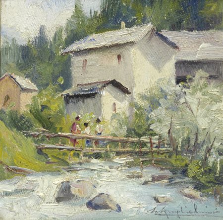 Giulio Guglielmini MOLINO SUL PIAVE Olio su cartone, cm. 15x15 Firma in basso...