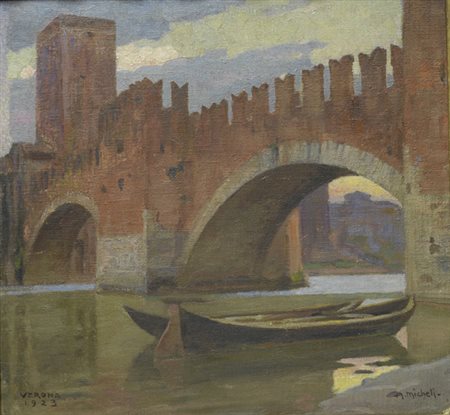 Alberto Micheli (Firenze, 1870 - 1905) PONTE SCALIGERO Olio su cartone, cm....