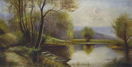 L. Calderini SUL LAGO Olio su tela, cm. 49x96 Firma in basso a destra.