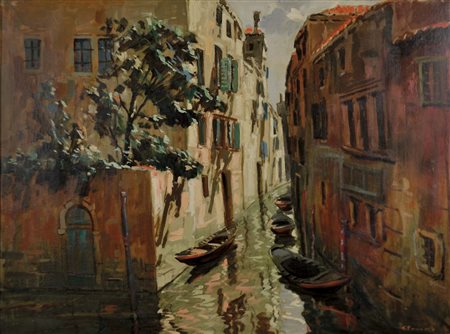 PRIVATO COSIMO Venezia 1889 - 1971 Canale veneziano olio su tela 60x80 firma...