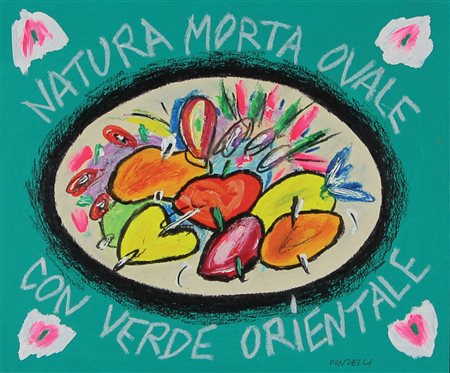 Donzelli Bruno Natura morta ovale con verde orientale tecnica mista su...